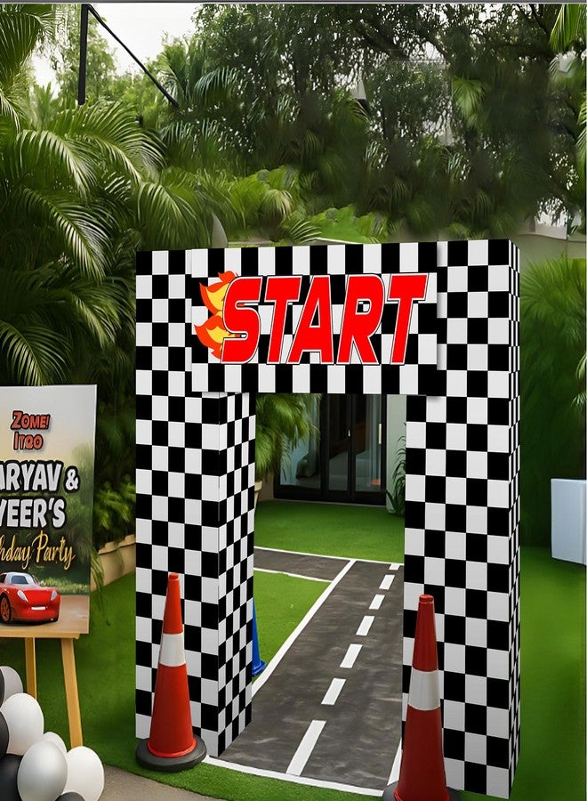 Saypacck 9 Pcs Race Car Birthday Party Decoration Checkered Flag Cardboard Kit Racing Theme 35.4 in Background 11.8 in Boxes Lets Go Racing Banner Photo Booth Prop for Boy Fan Baby Shower Supplies - Image 3